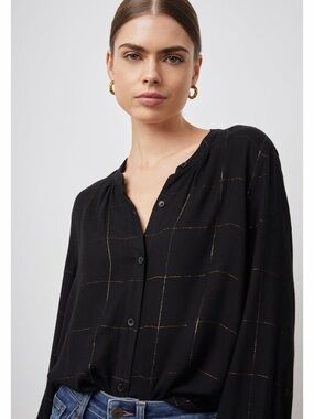 cloth & stone Black Button-Front Top with Gold Thread
